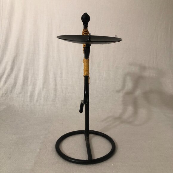 Tribal Art Candle Holder – Vintage Black Wrought Iron with Rattan Figure - Picture 3 of 6